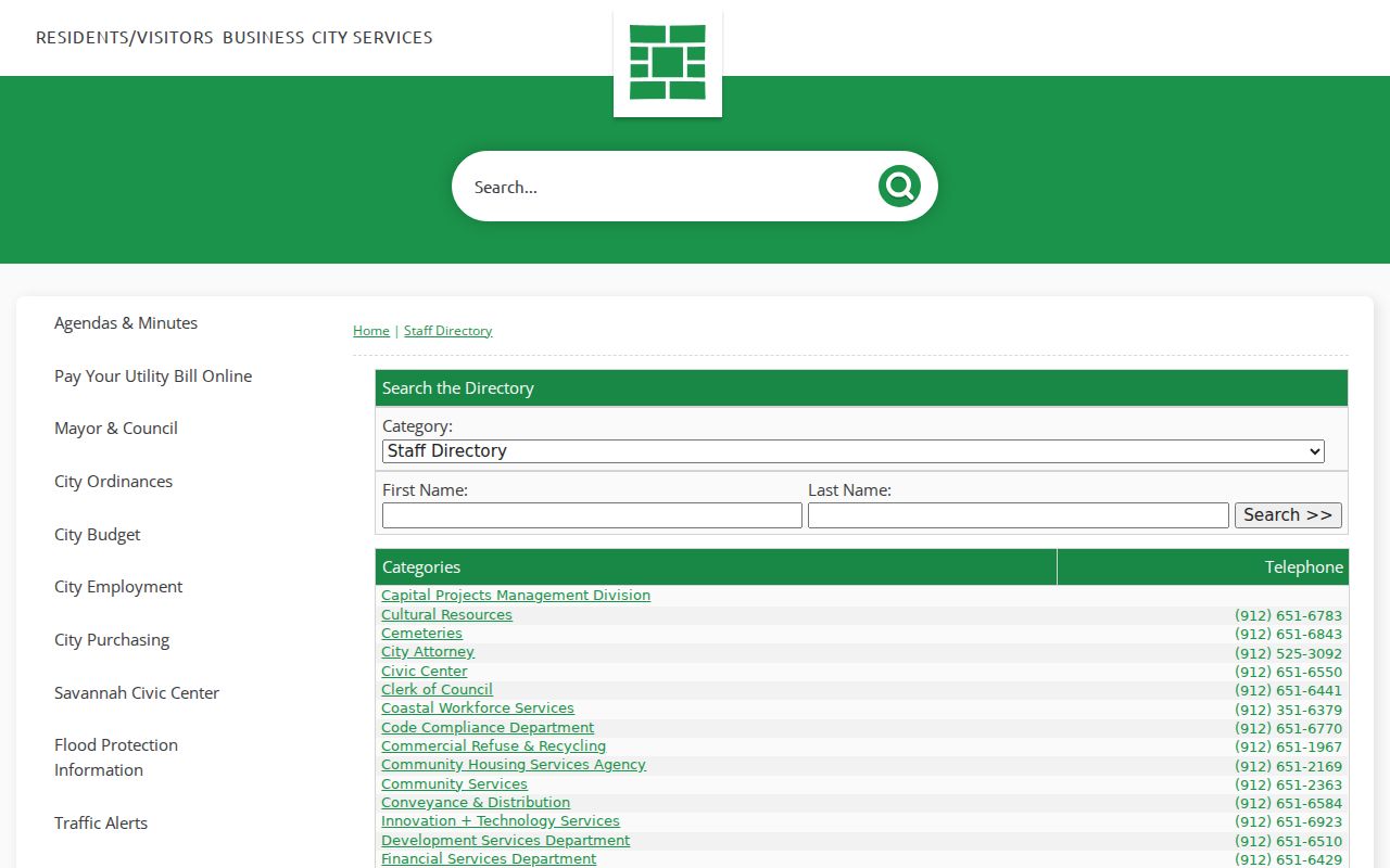 Savannah people directories interface for city staff contacts